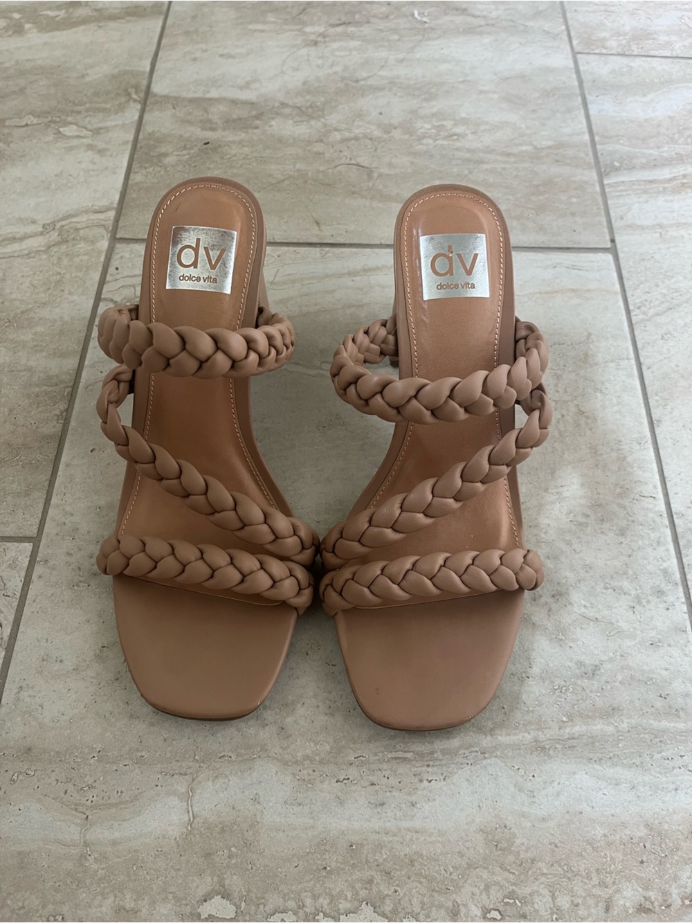 Dolce Vita Braided Triple-Strap Slides in Nude Tan